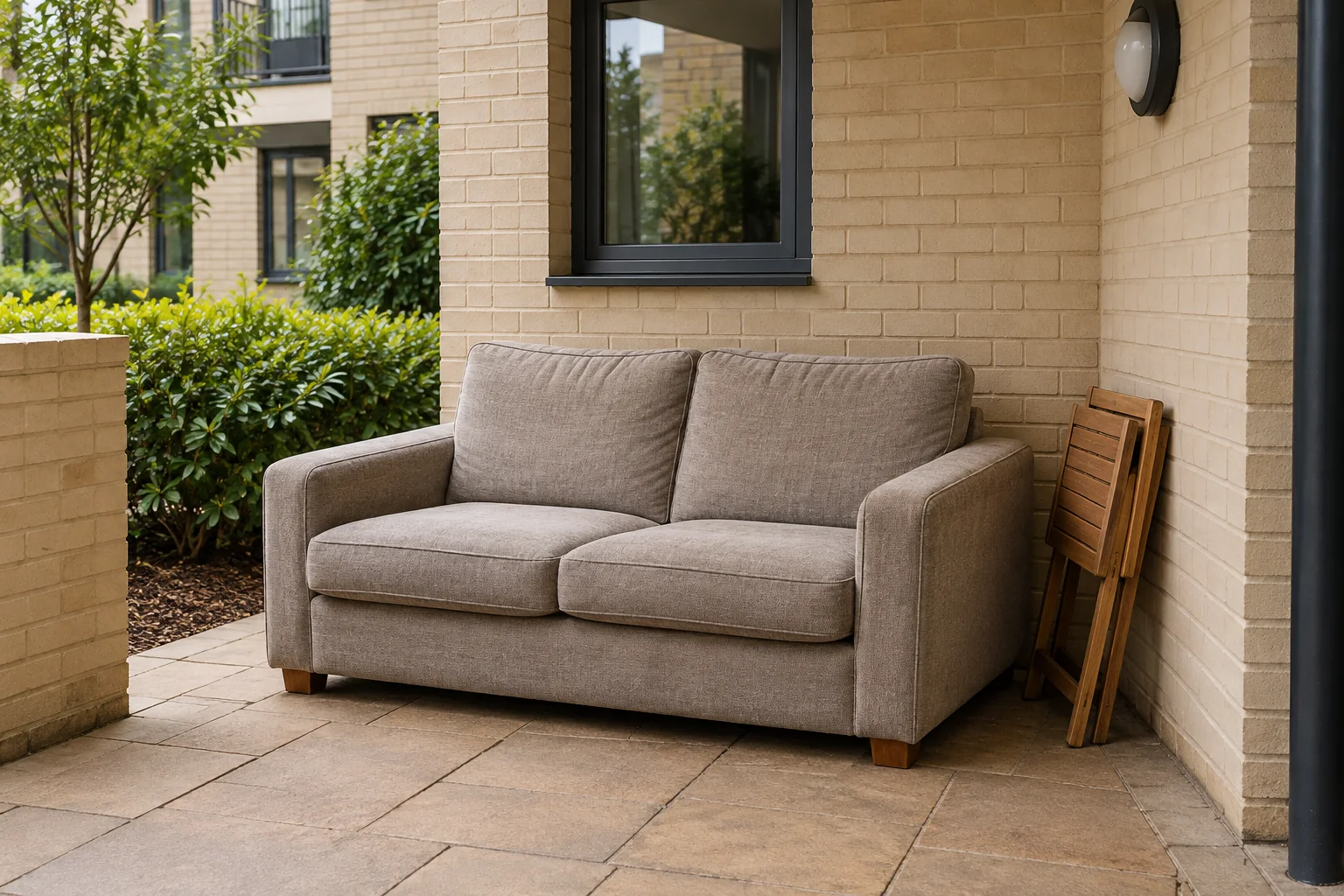 A small sofa and folded table set beside an apartment building, away from a clear path.