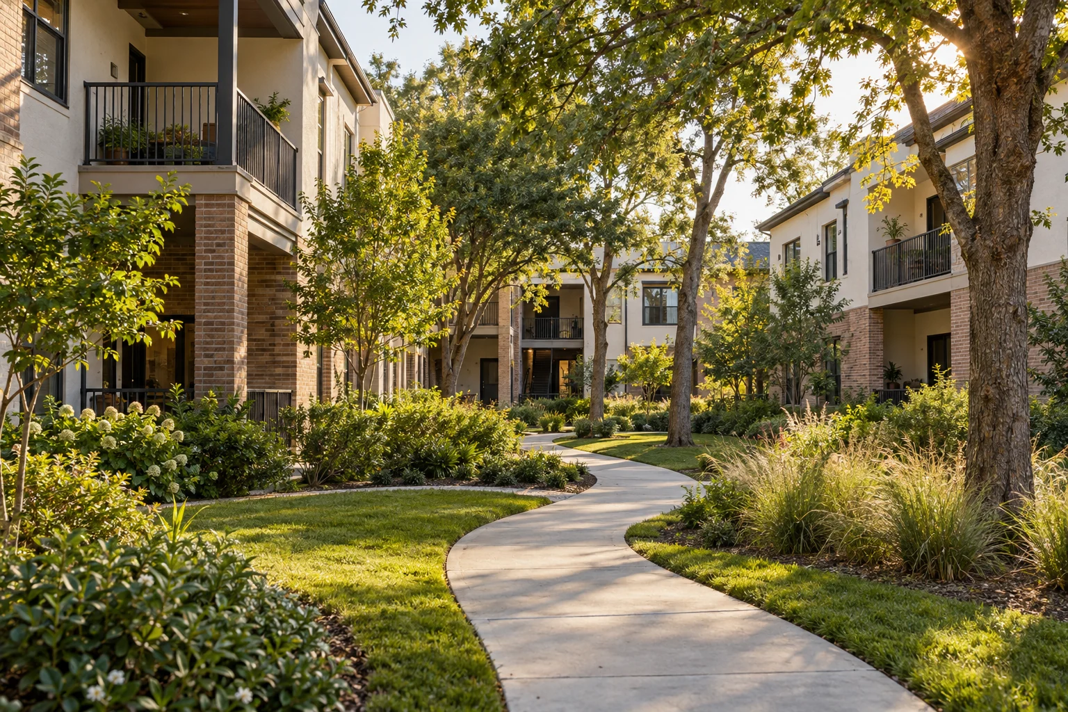 A sunlit walkway between cream-brick apartments and a planted courtyard.
