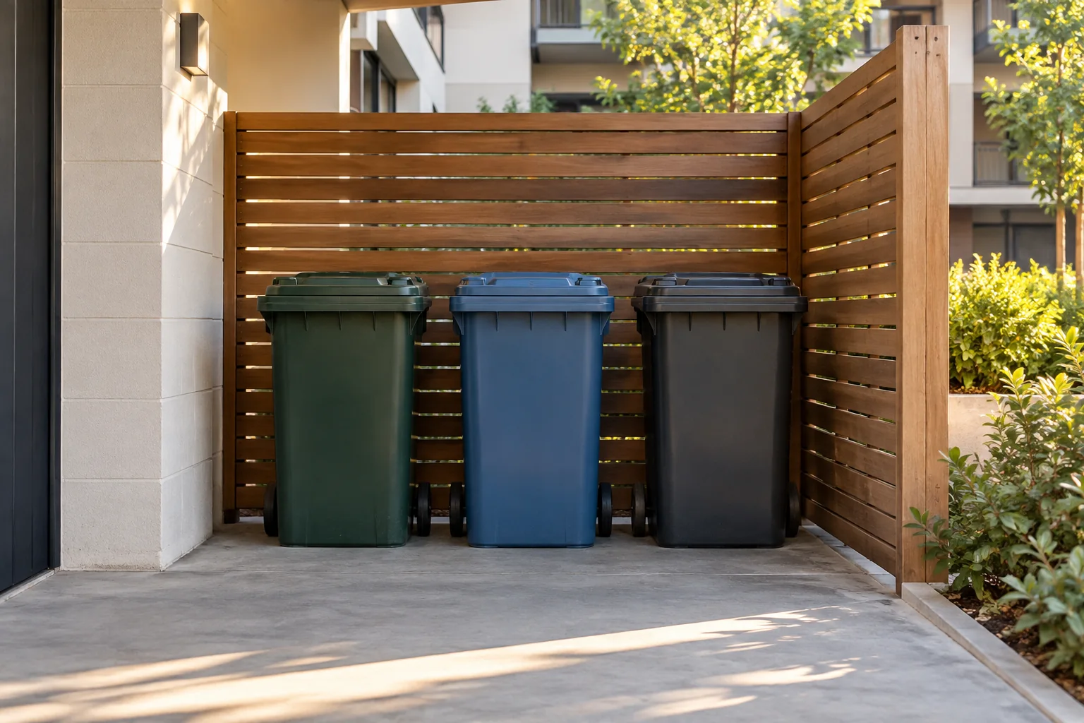 Closed waste containers in a screened residential disposal area.