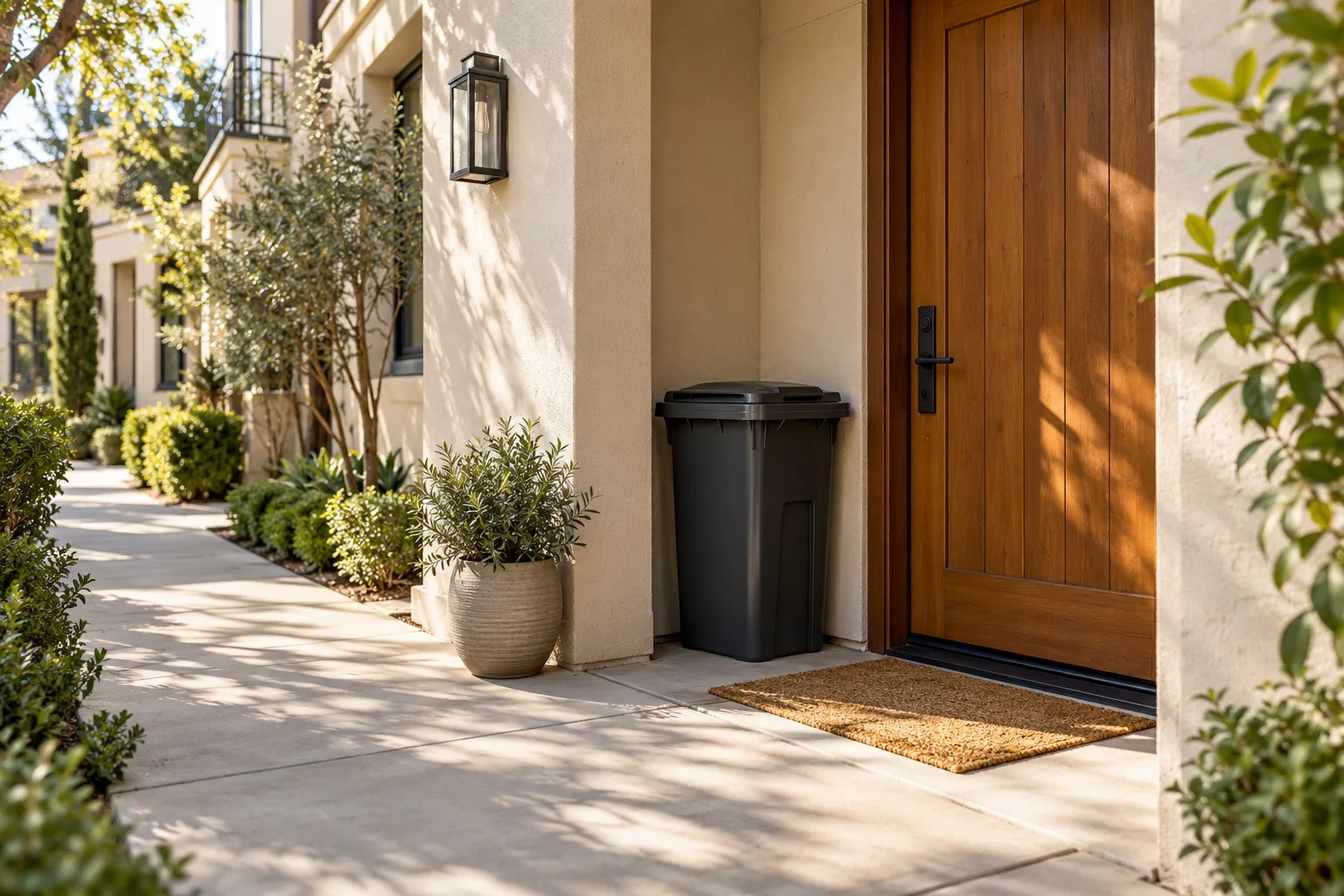 A closed household waste container beside an apartment entrance and clear walkway.