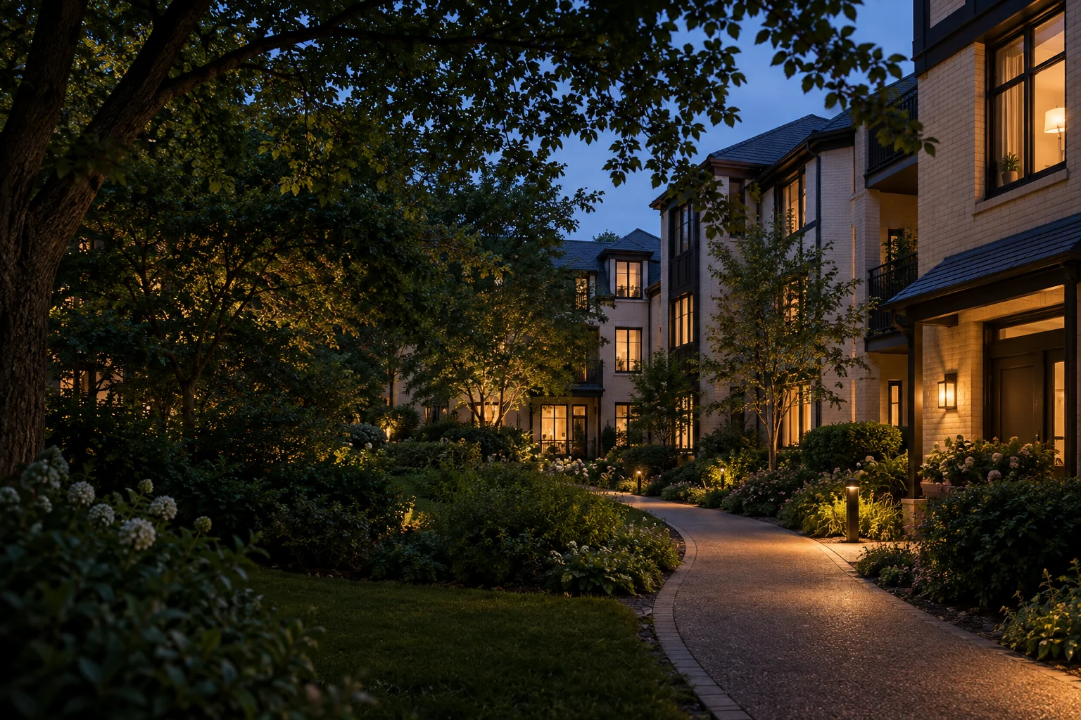 A quiet residential courtyard at dusk, with warm light in the windows.