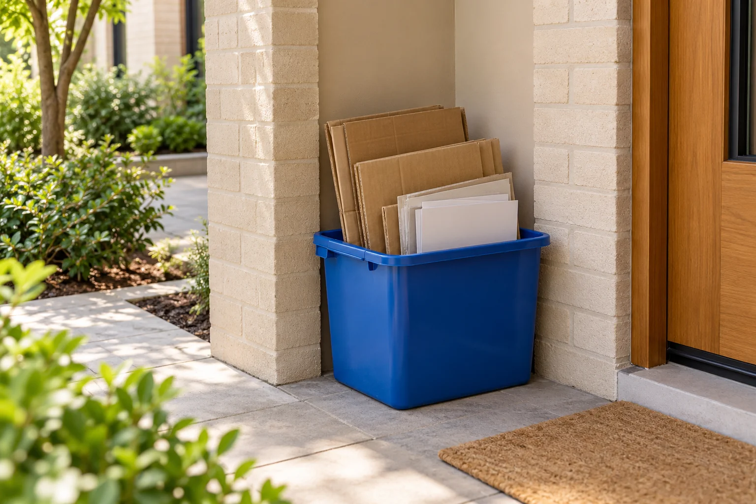 A blue household recycling container holding neatly flattened cardboard and clean paper.