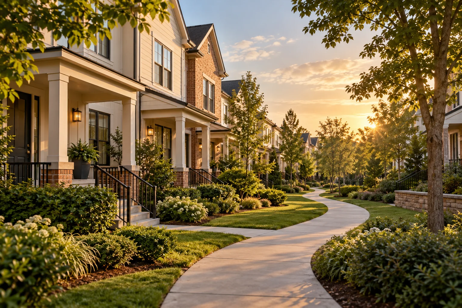 A leafy shared path winding between townhomes in warm afternoon light.